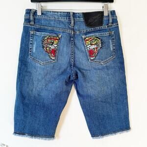Ed Hardy Y2K Low Rise Tiger Embroidered Bermuda Jean Shorts 29 Rare